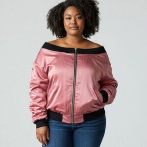 HAYDEN Off Shoulder Rouched Sleeve Pink Satin Jacket NWT, Size XL